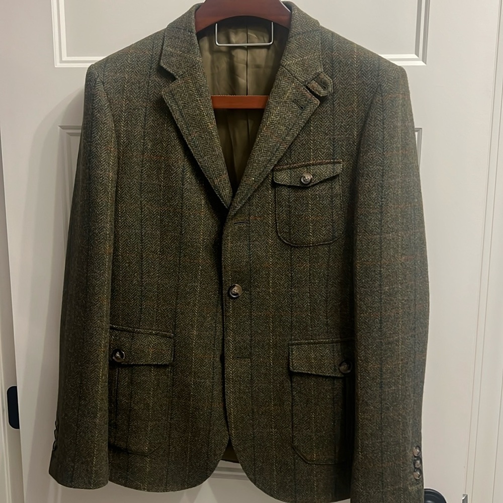 Like new Gently worn Jack Wills Sz XL Green Wool Blazer w/ multi color stripes